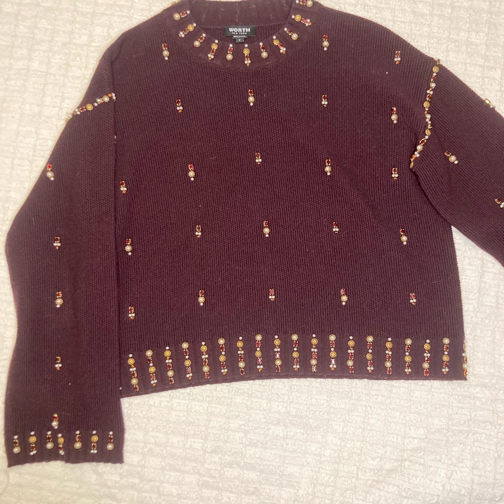 Worth New York, burgundy embellished sweater, holiday sweater, beaded sweater